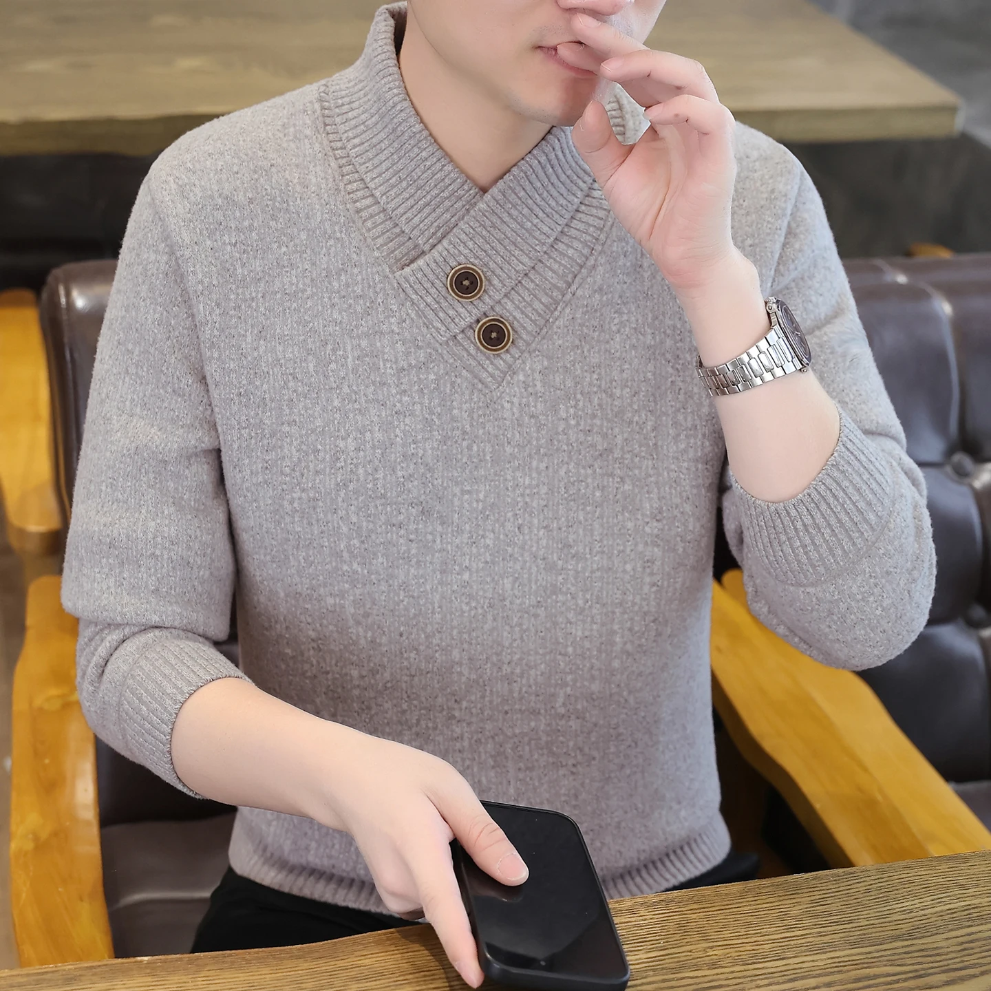 

Мужской утепленный вязаный свитер с V-образным вырезом, осенне-зимний, повседневный, для ношения под одеждой, из полиэфирного волокна, мягкий, теплый, модный