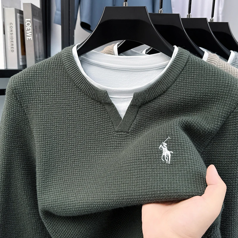Men's Fake Two-piece Knitted Sweater 2026 New Autumn and Winter Thick Versatile Base Sweater Round Neck
