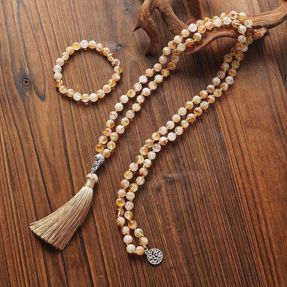 8mm Citrine Knot 108 Mala Beaded Necklace Bracelet Set Meditation Yoga Prayer Jewelry Japamala Rosary for Men and Women view 6