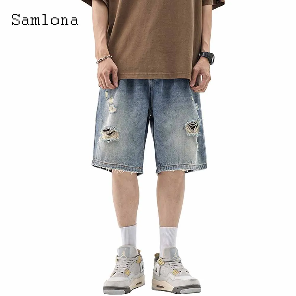 

Samlona Plus Size Men Fashion Hole Straight Demin Shorts Vintage Ripped Short Jeans 2023 European Casual Street Half Demin Pants