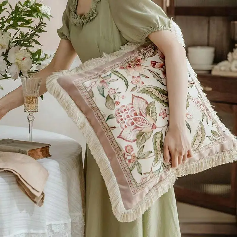 Pink Printed Fringed Pillow Cases Retro Light Luxury Pillow Cover Decorative Soft Dutch Velvet Round Cushion Cover Home Dector