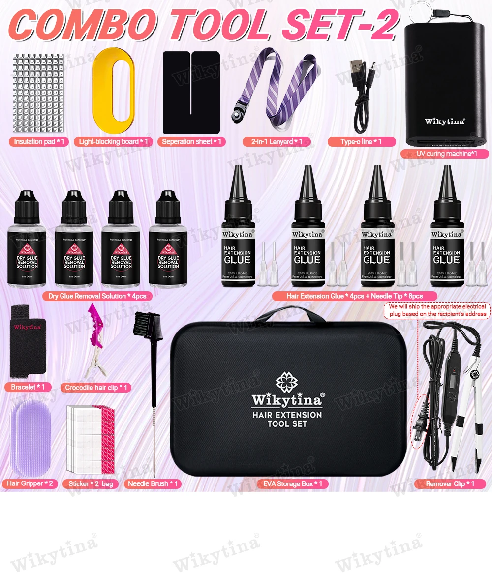WIKYTINA Professional UV Light Hair Extension Kit - Complete Tool Set with UV Glue Remover Machine UV Hair Extension Machine