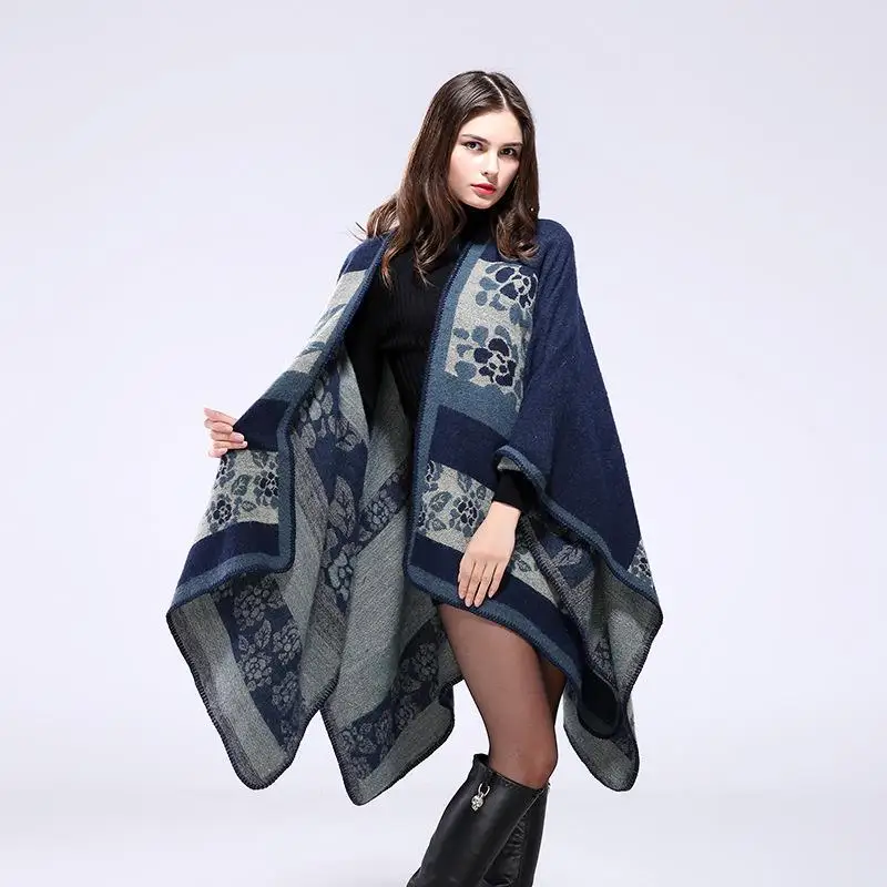 

Women's Autumn Winter Thickened Floral Warm Woolen Shawl Cloak Double-Sided Wear Outerwear Scarf Fashionable Versatile Accessory