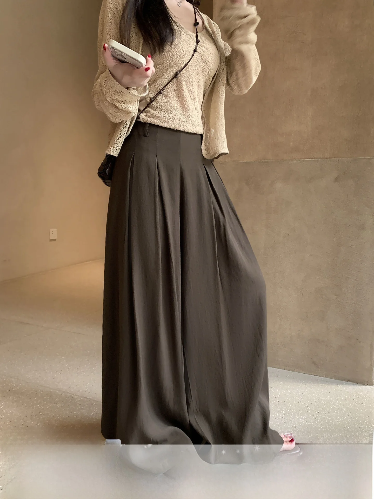 

Женские летние брюки с высокой талией и широкими штанинами, свободные, стройнящие, струящиеся, длинные, в повседневном стиле, на молнии, прямого кроя