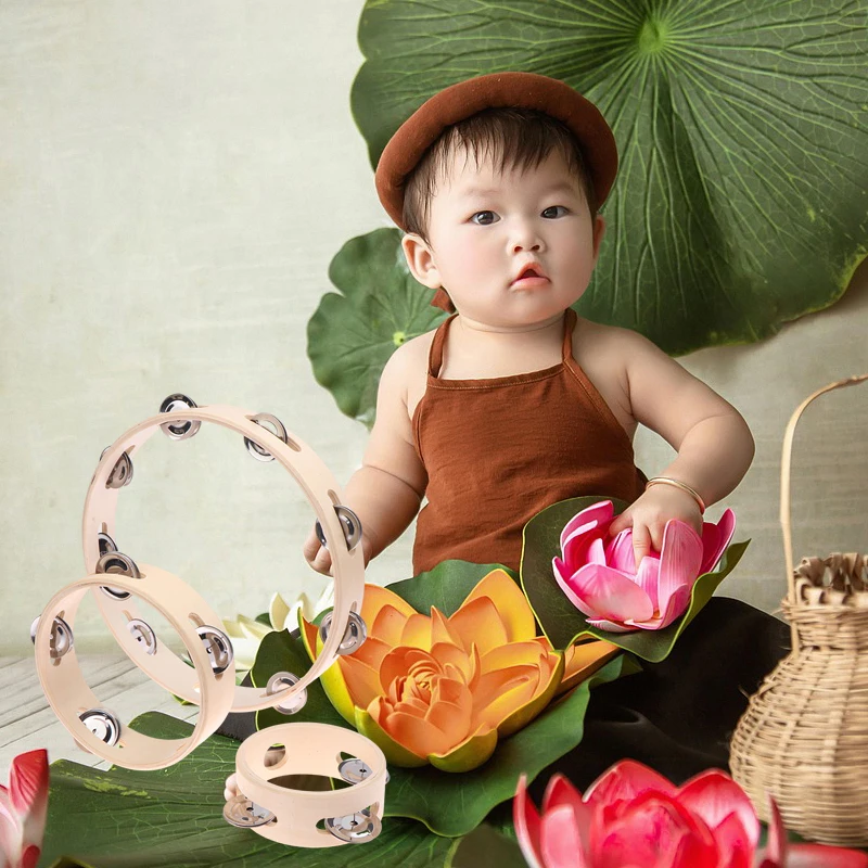 New 4/6/7/8/10Inch Hand Drum Education Orff Musical Instrument Tambourine Hand Cranked Bell Single Row Wooden Tambourine Rings