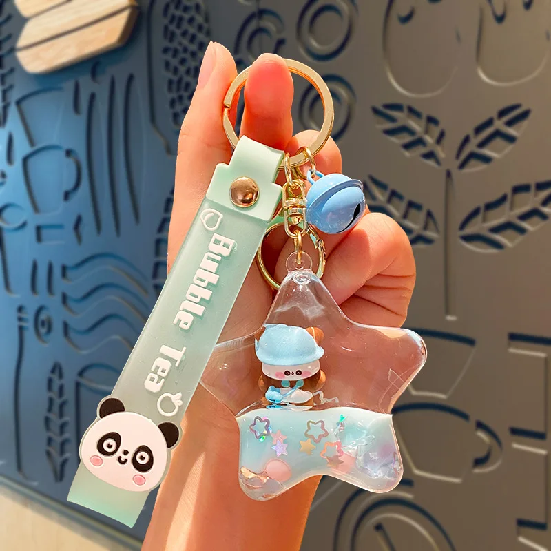 Cute Oil Panda Floating Drink Bottle Key Chain Lovely Panda Doll Liquid Iceberg Milk Tea Cup Five-pointed Star Sequin Keychain