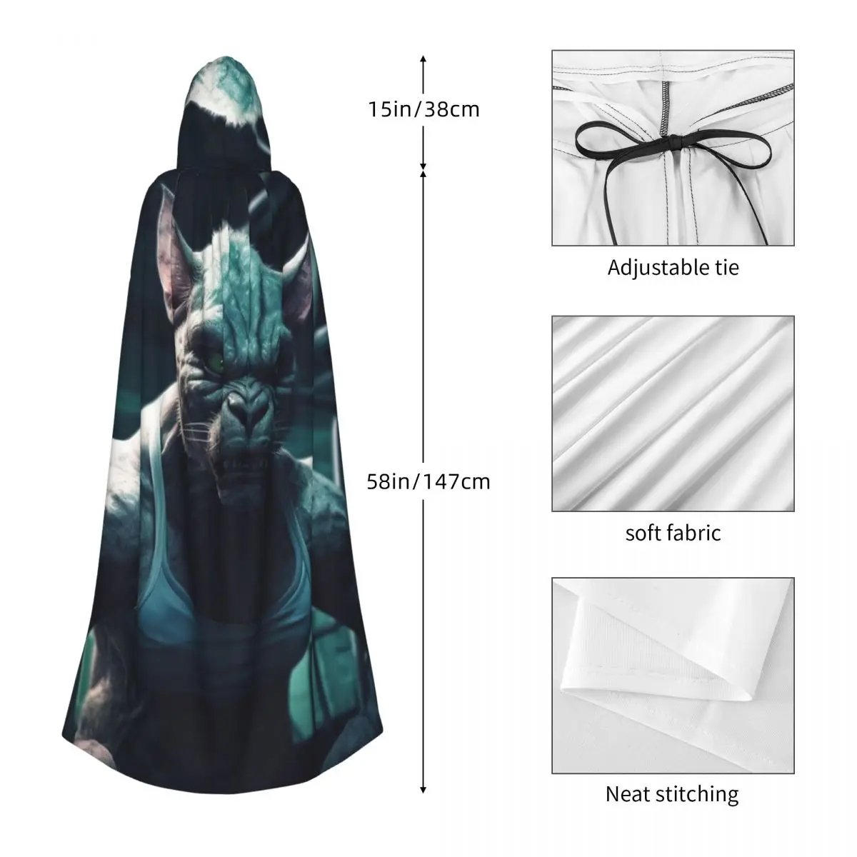 Gym Big Scary Ugly Cat Miaw Hooded Cloak Halloween Party Cosplay Woman Men Adult Long Witchcraft Robe Hood