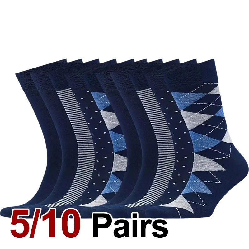 5/10 Pairs Men Rhombus Blue Business Mid Tube Socks Anti Odor Sweat Absorbing Comfortable Breathable All Season Casual Socks