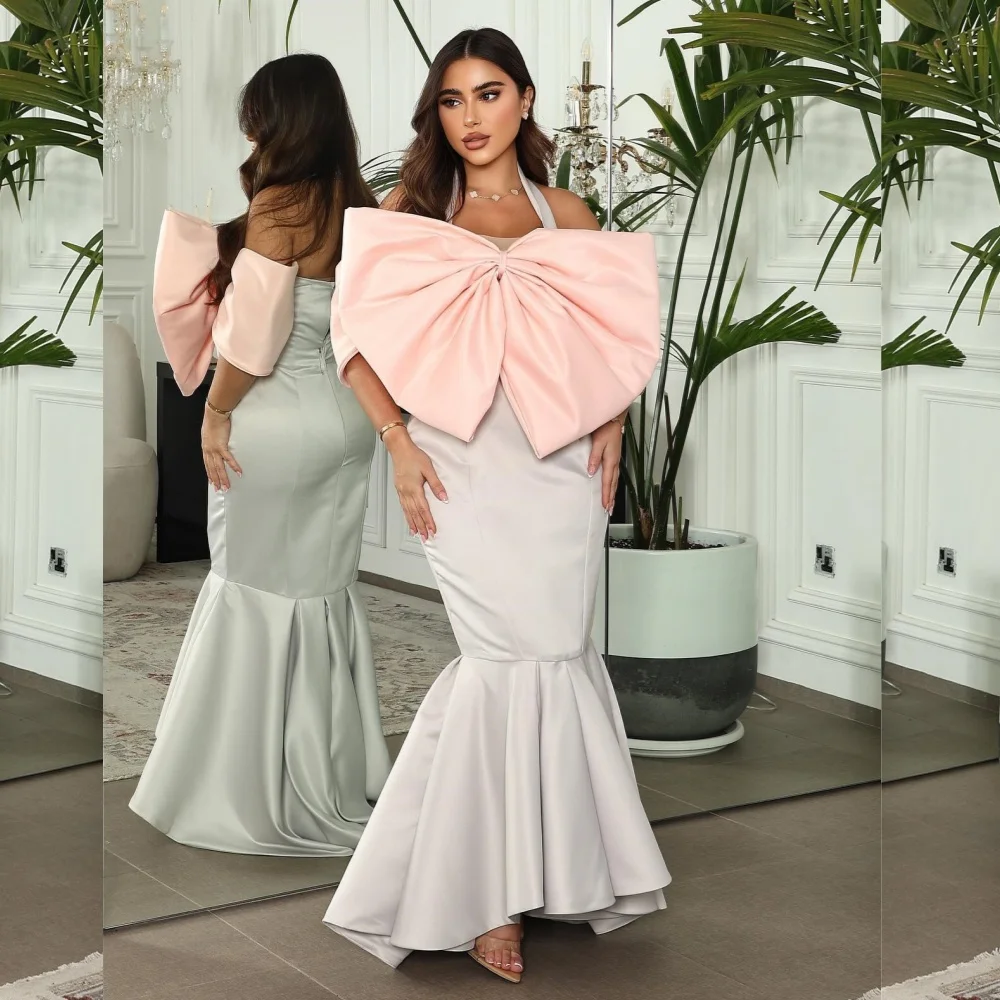 

Customized Matching Sexy Pleat Draped Bow Mermaid Halter Long Dresses Bespoke Occasion Dresses High Quality Sizes Available