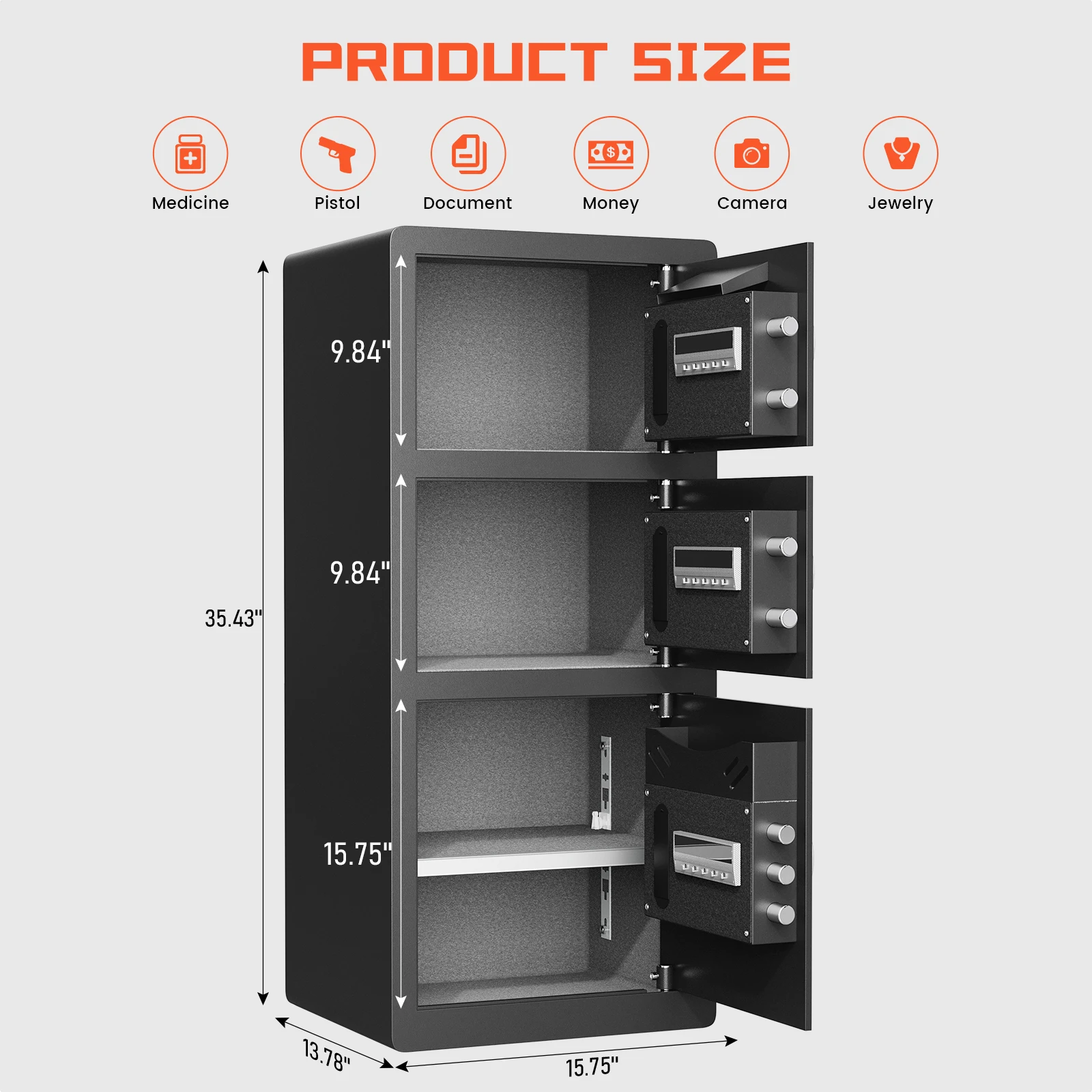 8.0 Cub Extra Large Home Safe Box Fireproof Waterproof with 3 Door, Digital Safe with Quick Access Deposit Slot