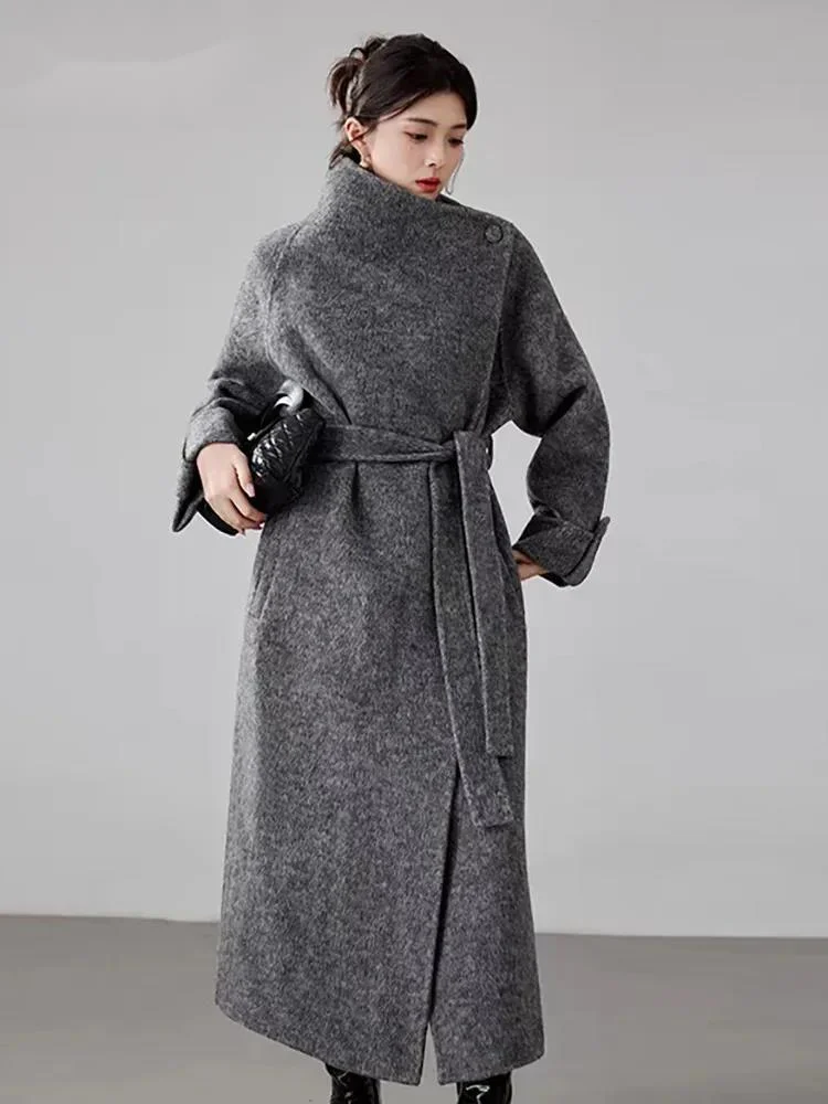 

Fashion 70s Worsted Gray Double Side Woolen Coat Women's Big Lapel Loose Sashes Long Sleeves Blends Overcoat Autum I7ON