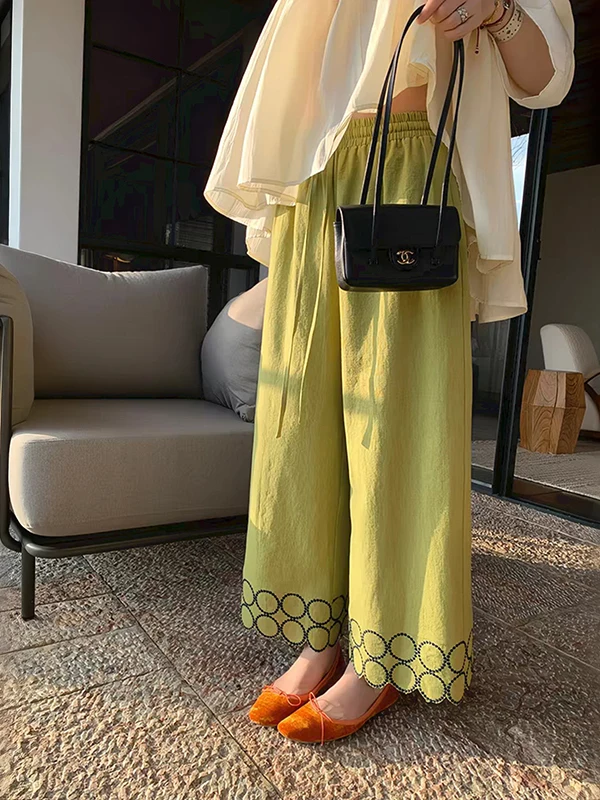 

2026 Summer New Casual Wide Leg Nine Points Pants Women's Miniature Embroidered Loose Feelings Female Leisure Cotton Blend