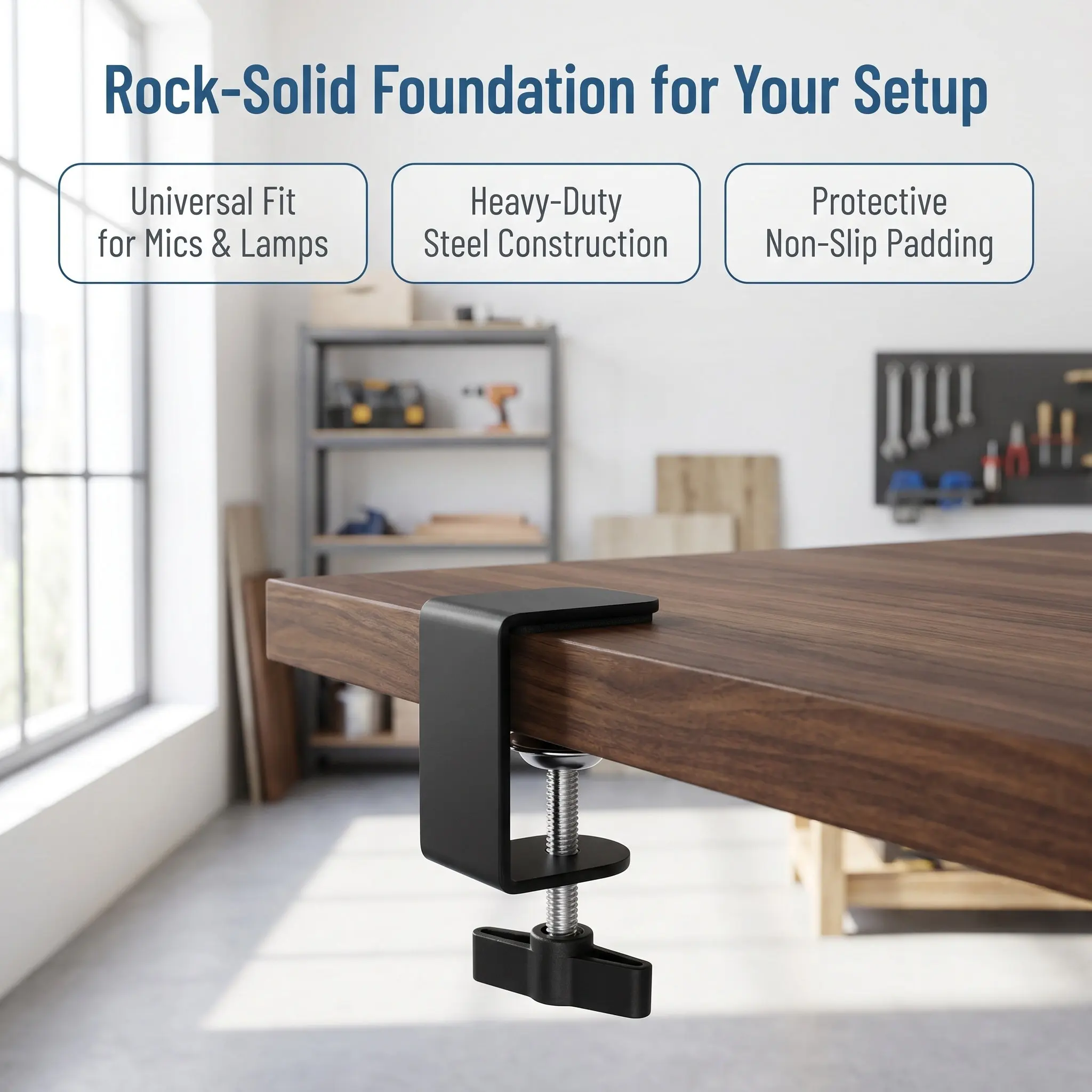 Metal -Shape Clamp Adjustable Table Mount Desk Clamp with Silicone Padding Scratch Protection Ideal for Microphone Studio