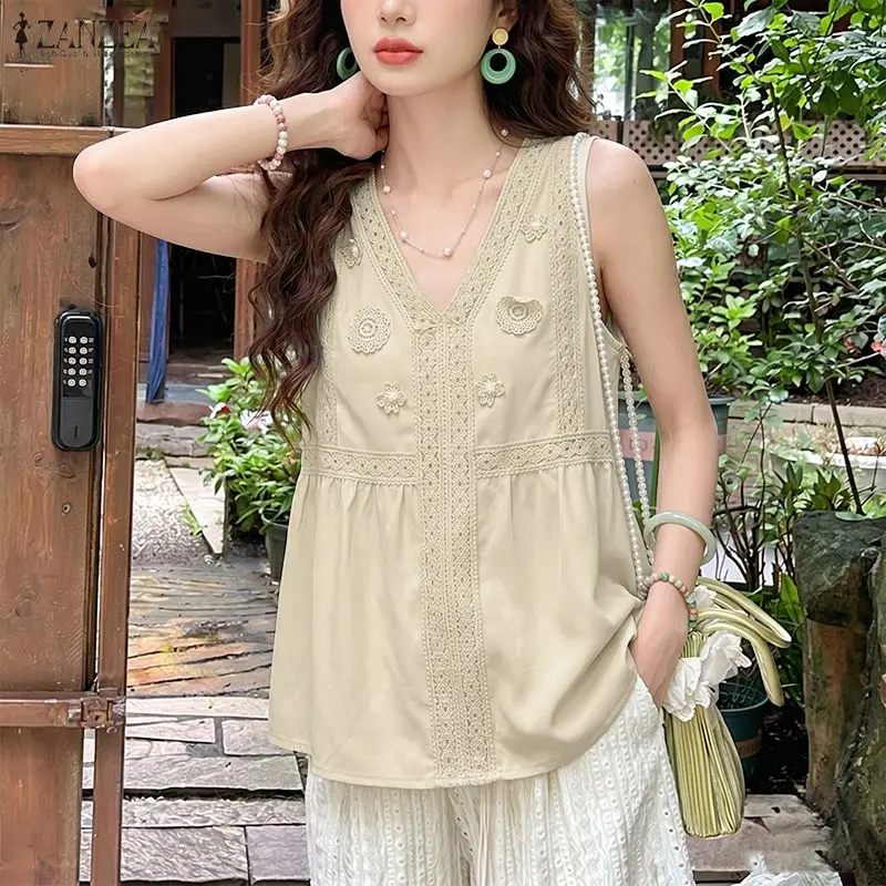 ZANZEA Sommer-Tanktops ohne Ärmel, stilvolle Damen-Tops mit V-Ausschnitt, elegante Spitzen-Patchwork-Urlaubsbluse, lässige, lockere Strand-T-Shirts – Detail 8