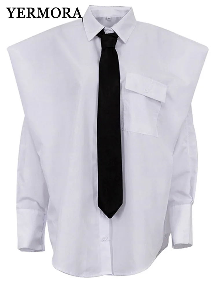 

YERMORA белый карманный галстук, повседневная блузка для женщин, свободная рубашка с длинными рукавами и лацканами, модная весна-осень 2024, новинка A546