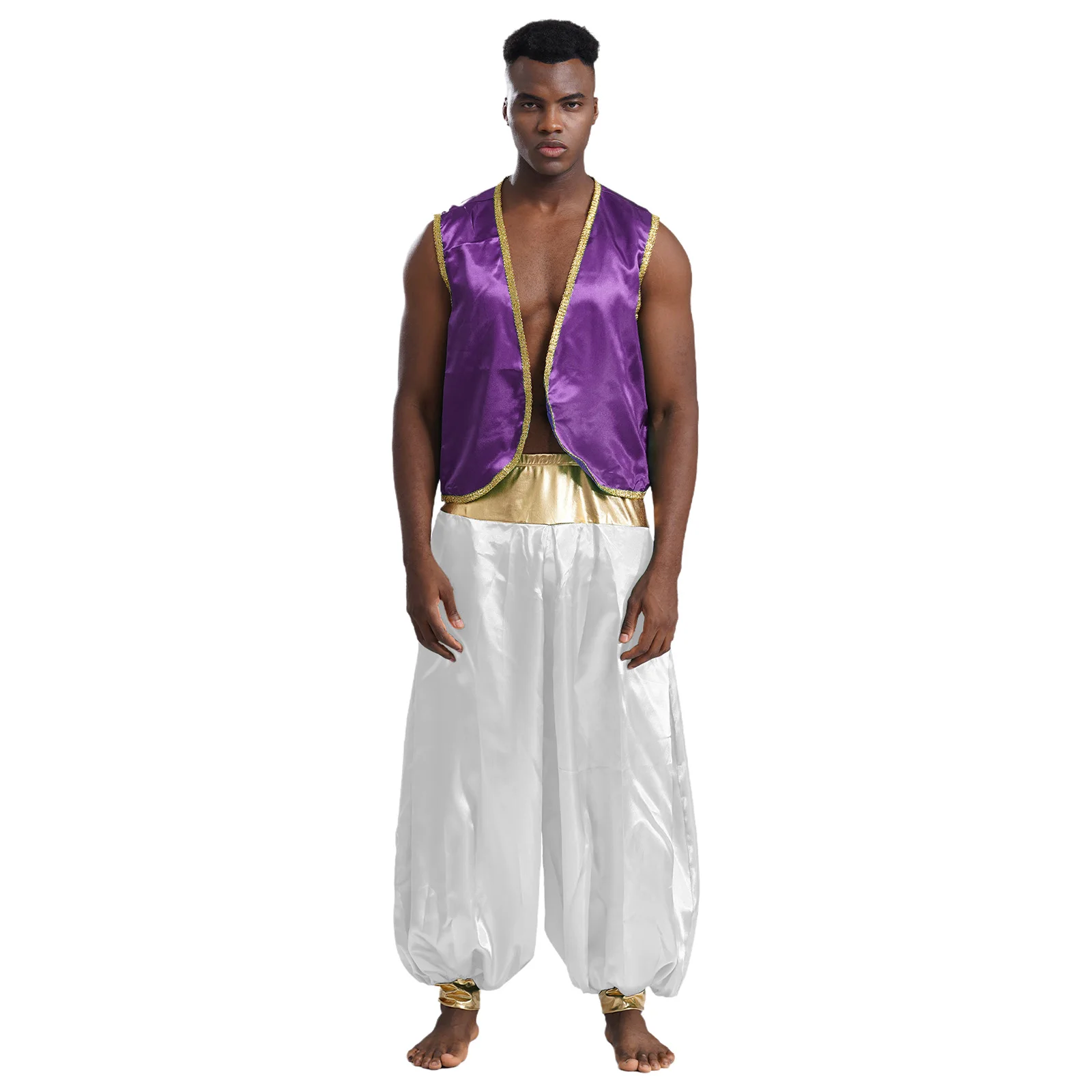 

Mens Arabian Indian Prince Warrior Cosplay Costume Cardigan Vest Waistcoat with Lantern Long Pants Sets for Halloween Carnivals
