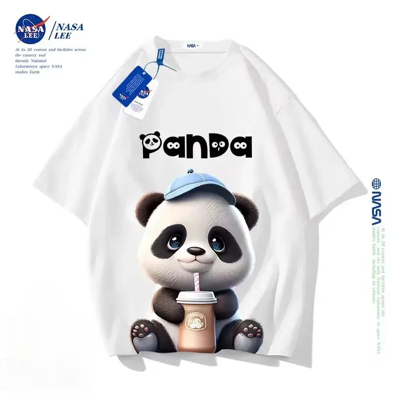 NASA Panda Short Sleeved T-shirt for Men Summer Pure Cotton 2024 New Trendy Brand Youth Round Neck Loose Top High End Quality