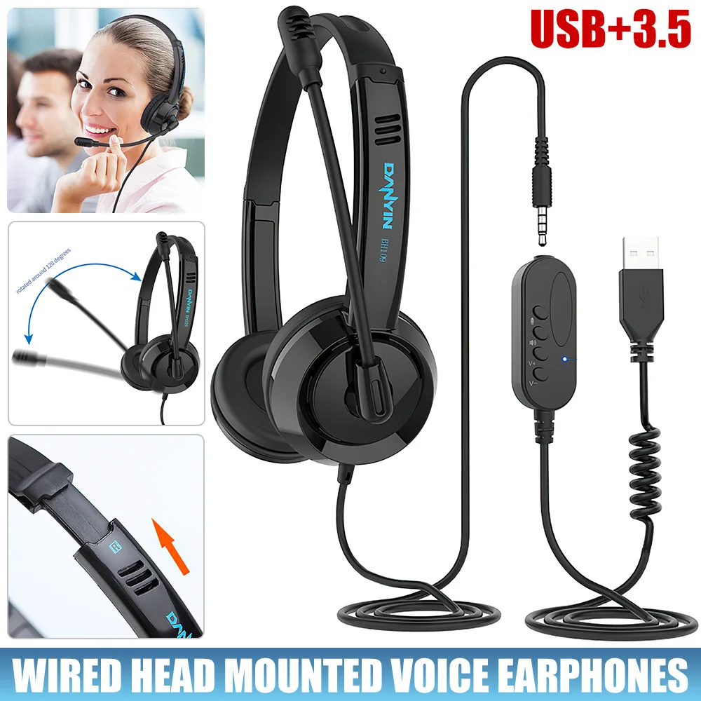 USB/3.5mm Plug Headphones Wired Call Center Headset Monaural Corded Operator Headphone with Microphone for Laptop PC Computer