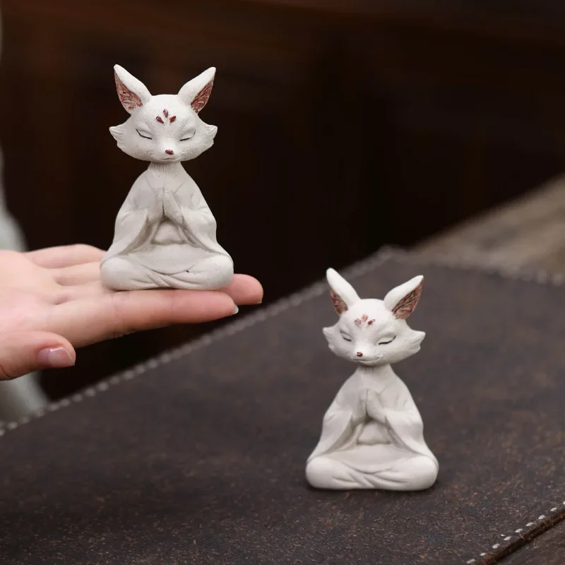 New Yixing Purple Clay Tea Pet Fox Handmade Small Figurine Zen-inspired Nine-tailed Fox Sculpture Tea Table, Creative Tea Play