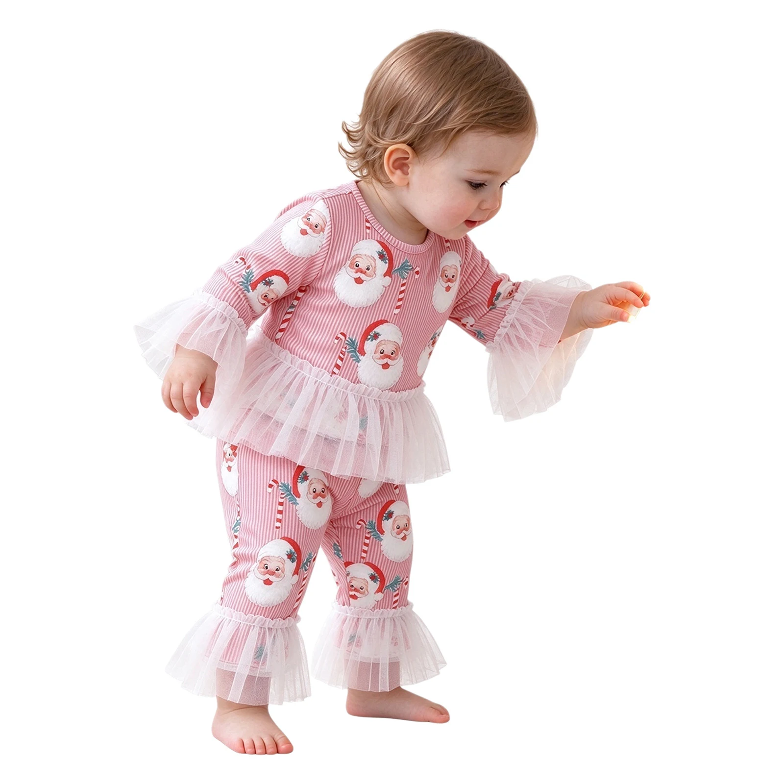 Toddler Girls Christmas 2Pcs Outfit Santa Print Striped Flare Long Sleeve Top with Tulle Ruffle Mesh Lace Bell Bottom Pants Set