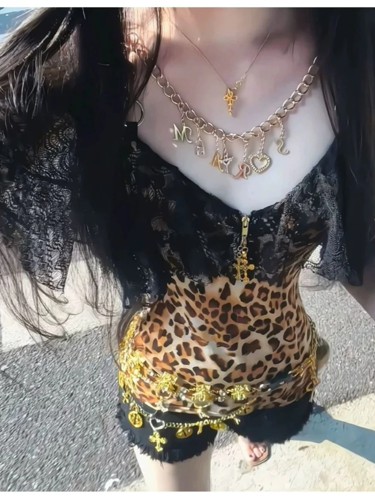 Hot Girl Y2k Leopard Print Sexy Patchwork Lace Chain Camisole Women's Aesthetic Dark Academia Vintage Gothic Slim Gorgeous Tees