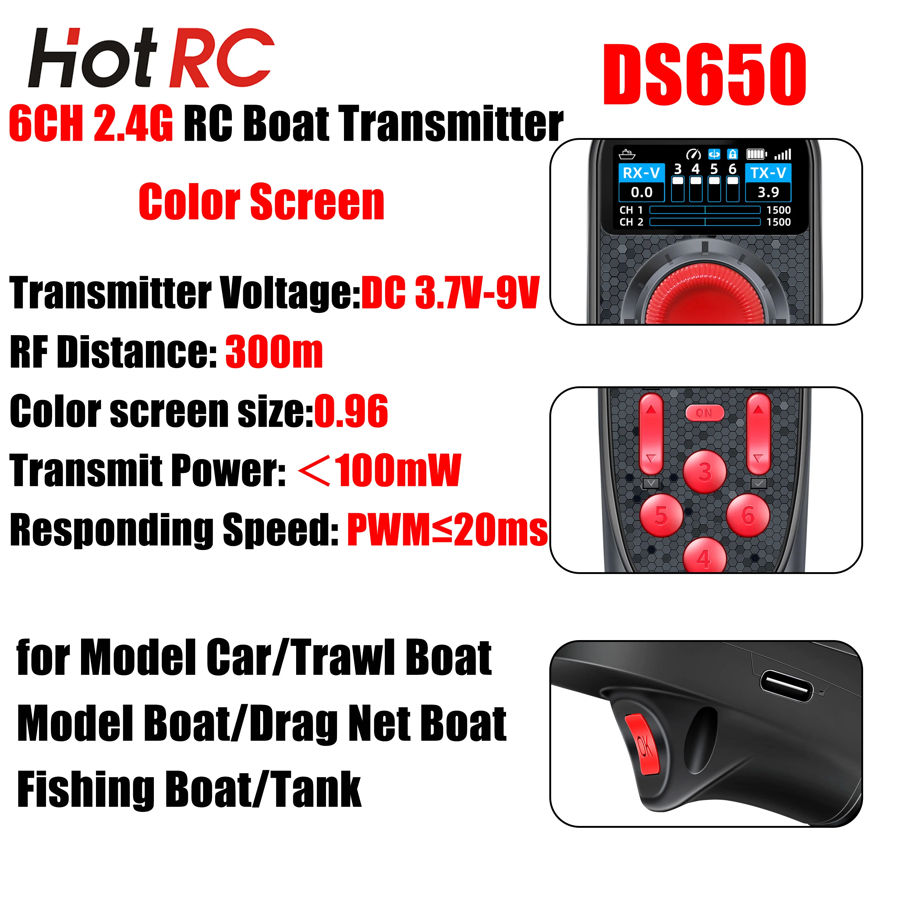 HOTRC 6CH 2.4G DS650 RC bateau émetteur couleur écran télécommande F-06A PWM récepteur tension/Signal retour réservoir voiture bateau