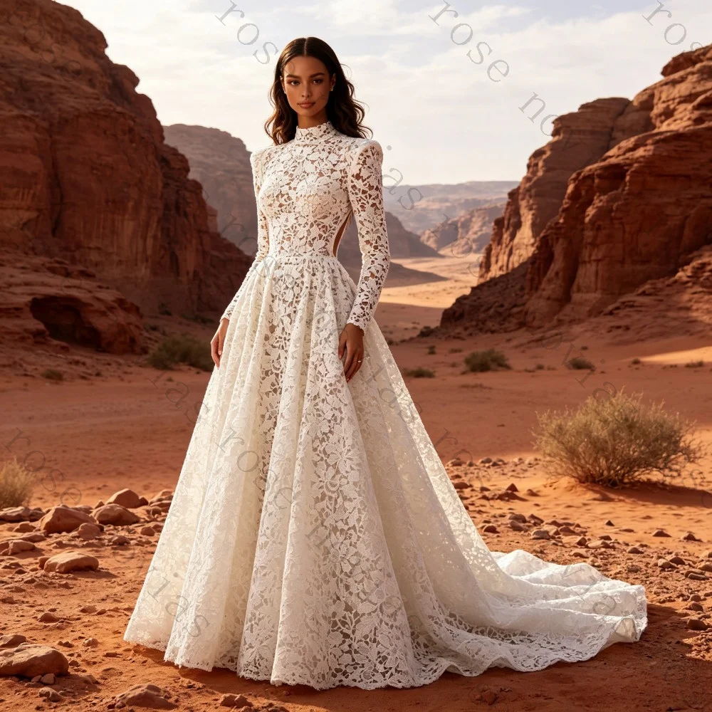 Customized High Neck Long Sleeved Lace Wedding Dress Light Luxury A-line with Trailing Bridal Gown Bohemian Retro Luxury Style