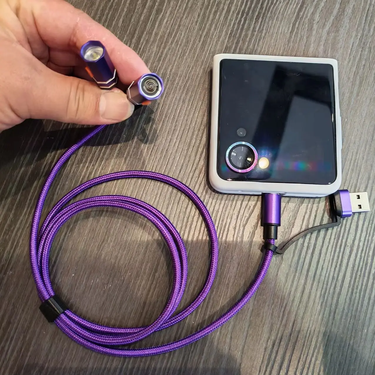 5-in-1 Multi Charging Cable, 100W Fast Charge Nylon Braided Cord with Built-in Flashlight & Igniter, Flip Tethered Connectors US