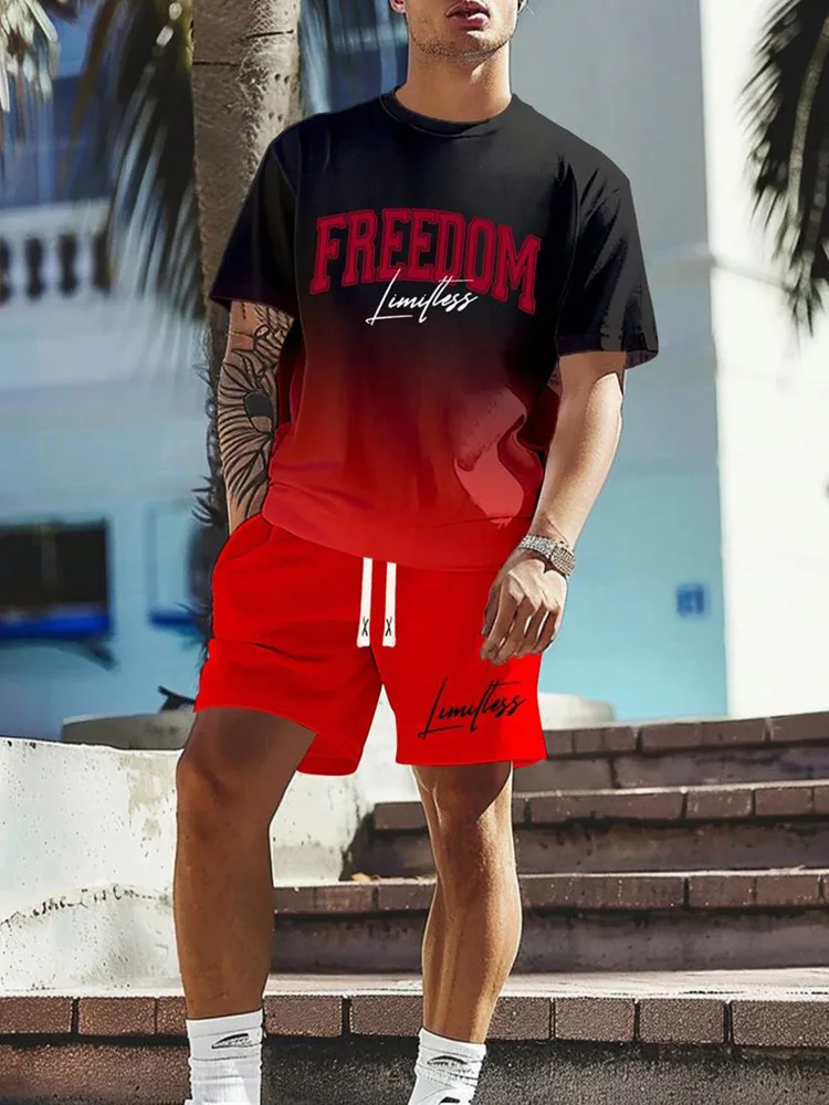 2024 New Fashion Trend Men\'s Summer Oversized Clothing Set Gradient Color Letter Printing Casual Loose T-shirt Shorts Set 2-pcs