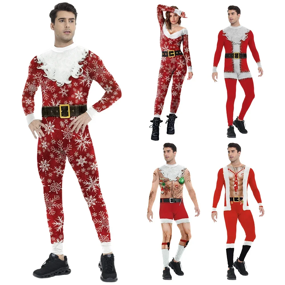 

Christmas Costume Cosplay Santa Claus Jumpsuits for Women Men Snowflakes 3D Print Xmas Festival Party Dress Up Outfit Bodysuits