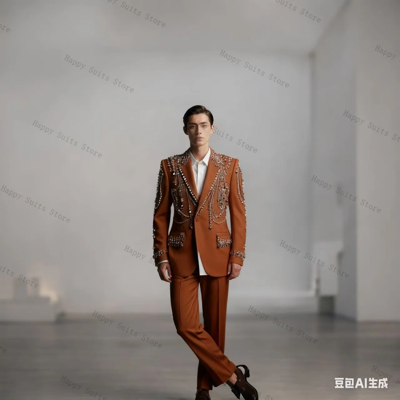 

Luxury Men Suit Set 2 Pcs Blazer+Pants Trousers Belted Formal Office Coat Crystals Beaded Wedding Tuxedo Customized Jacket