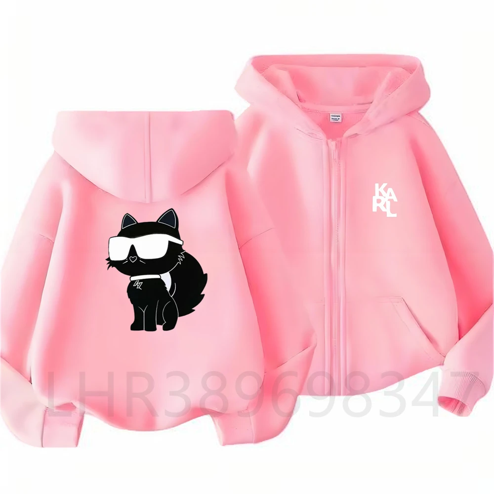 Children Hoodie Black Cat White Cat Zip Up Cardigan Tops Girl Pink Boy Coat Hoodies Kid 3-12 Year Autumn Zipper Style