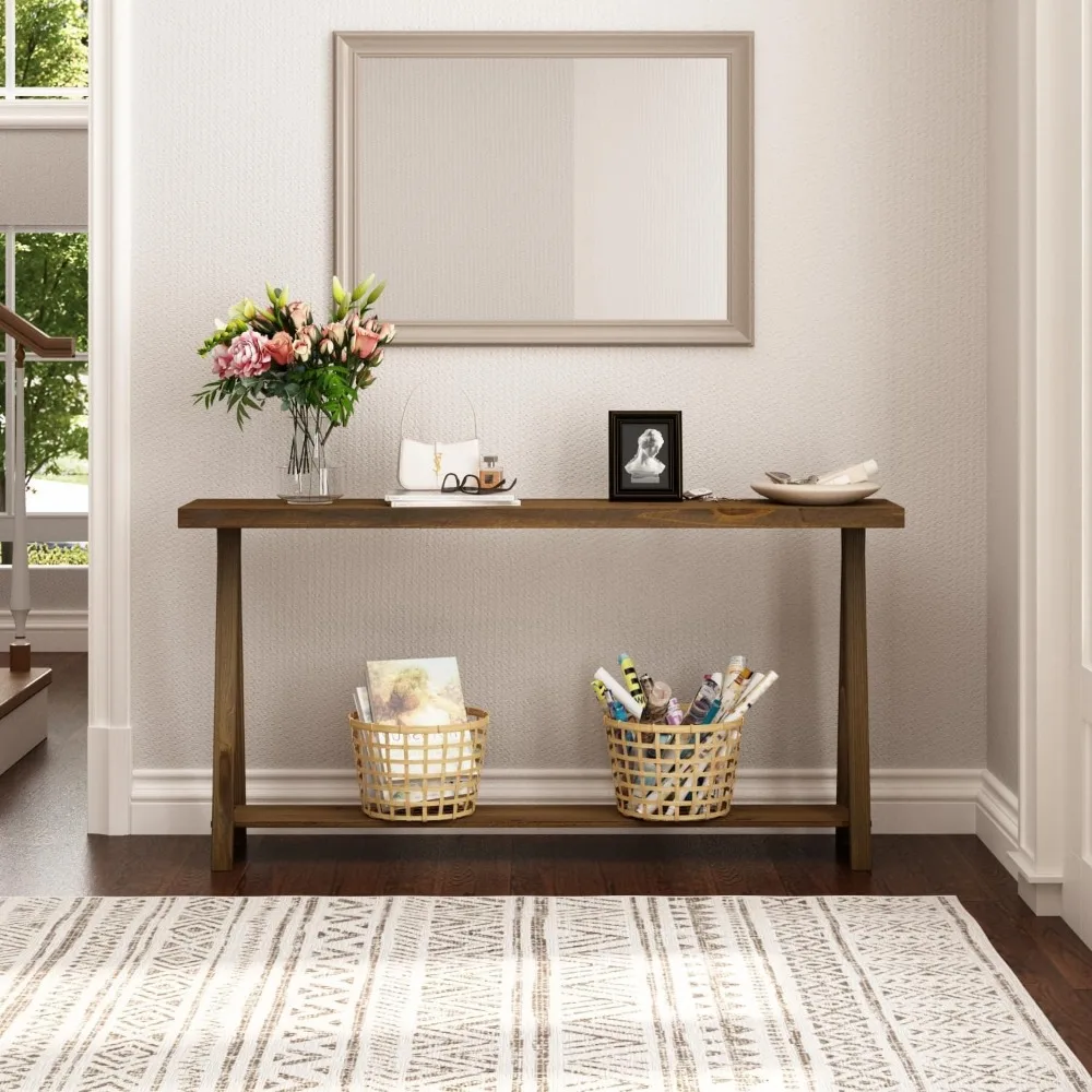 Rustic Solid Wood 2-Tier Console Table for Living Room, 63 Farmhouse Sofa Table, Natural Entryway Hallway Furniture