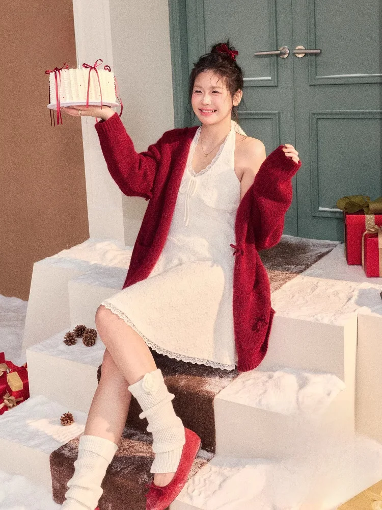 

Красный кружевной комплект из топа с открытыми плечами и свитера в корейском стиле для полных женщин, с высокой талией и длинными рукавами...