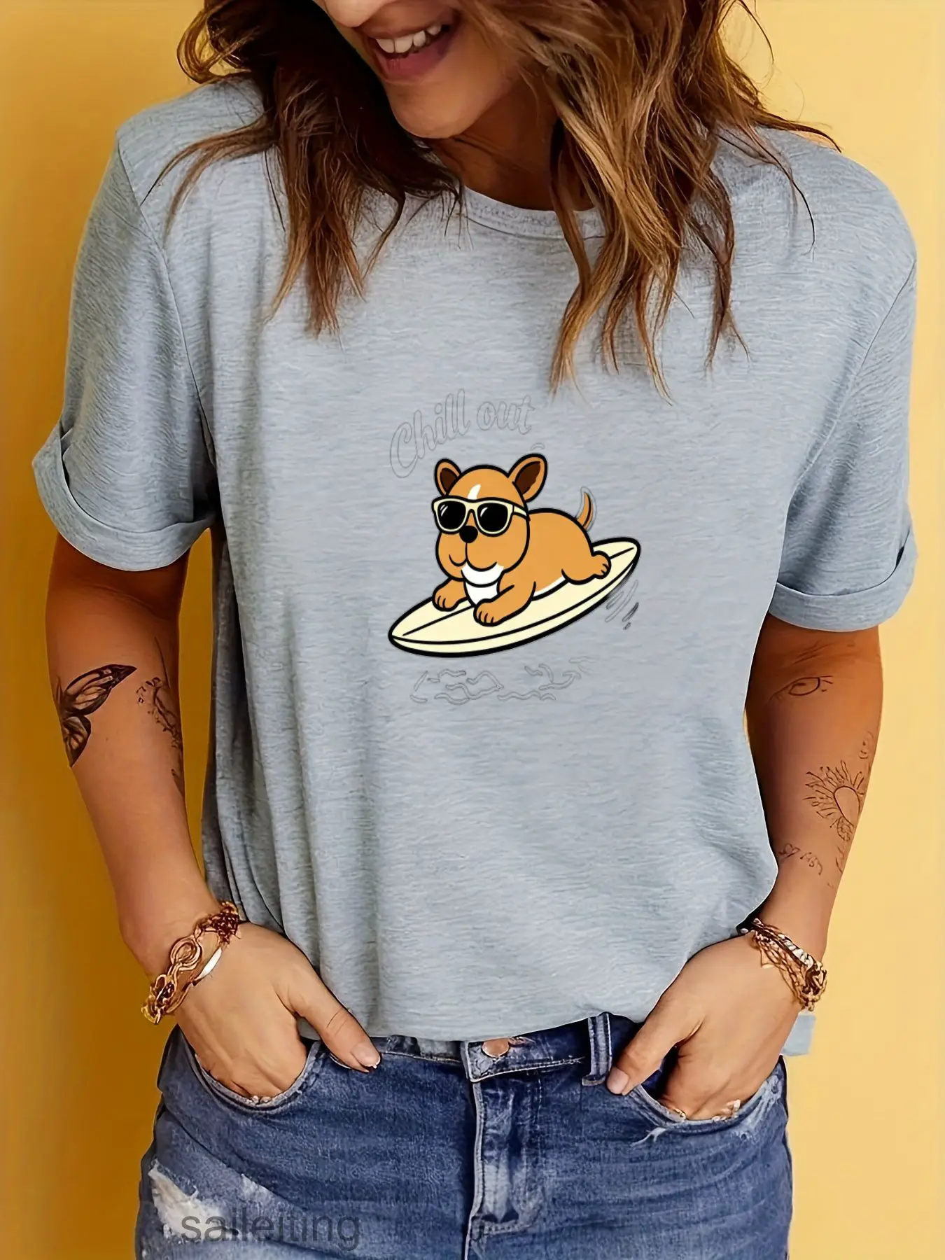 Chill Out Orange Dog Surfing T-Shirt - Cartoon Summer Short Sleeve Tee for Men Women, Casual Crew Neck Top with Rolled Sleeve