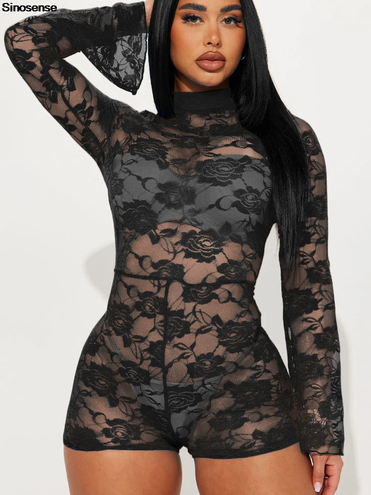 

Women Floral Lace Sheer Mesh See Through Sexy Jumpsuit Long Sleeve Mock Neck Back Cutout Skinny Rompers Night Club Party Outfits