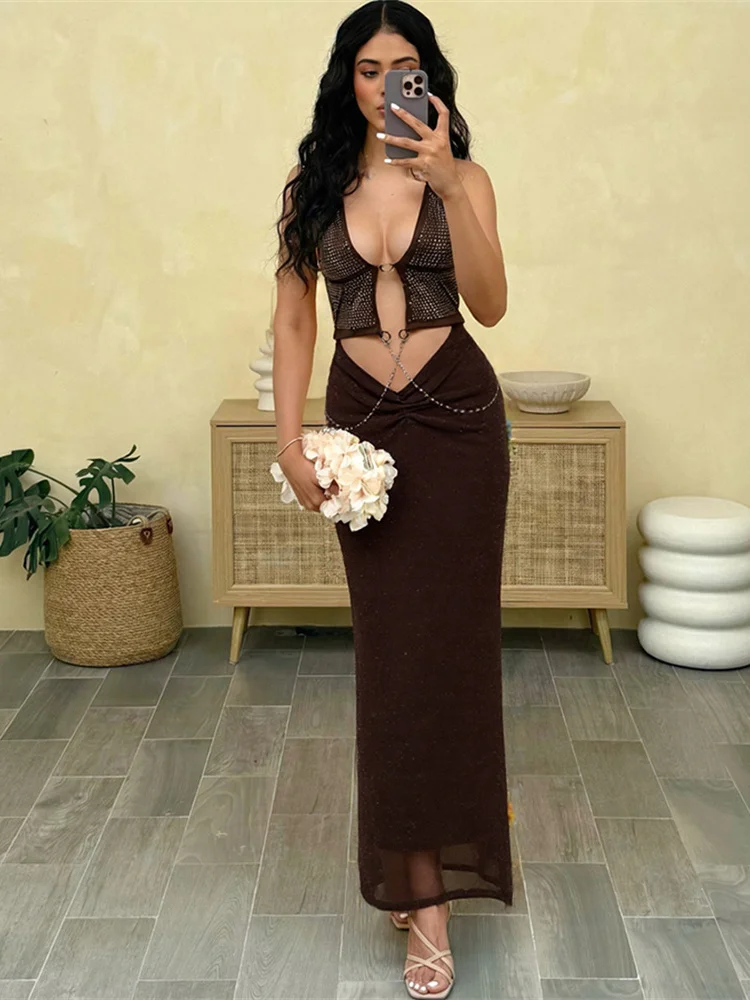 Nibber Halter Lage Hals Metalen Chian Patchwork Jurk Vrouwen Strass Decoratie Vakantie Strandfeest Elegante Middernacht Vestidos