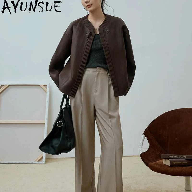 

AYUNSUE Real Leather Jacket Women Natural Sheepskin Womens Coats Spring Autumn Clothes Vintage V-neck 2026 Jaqueta De Couro