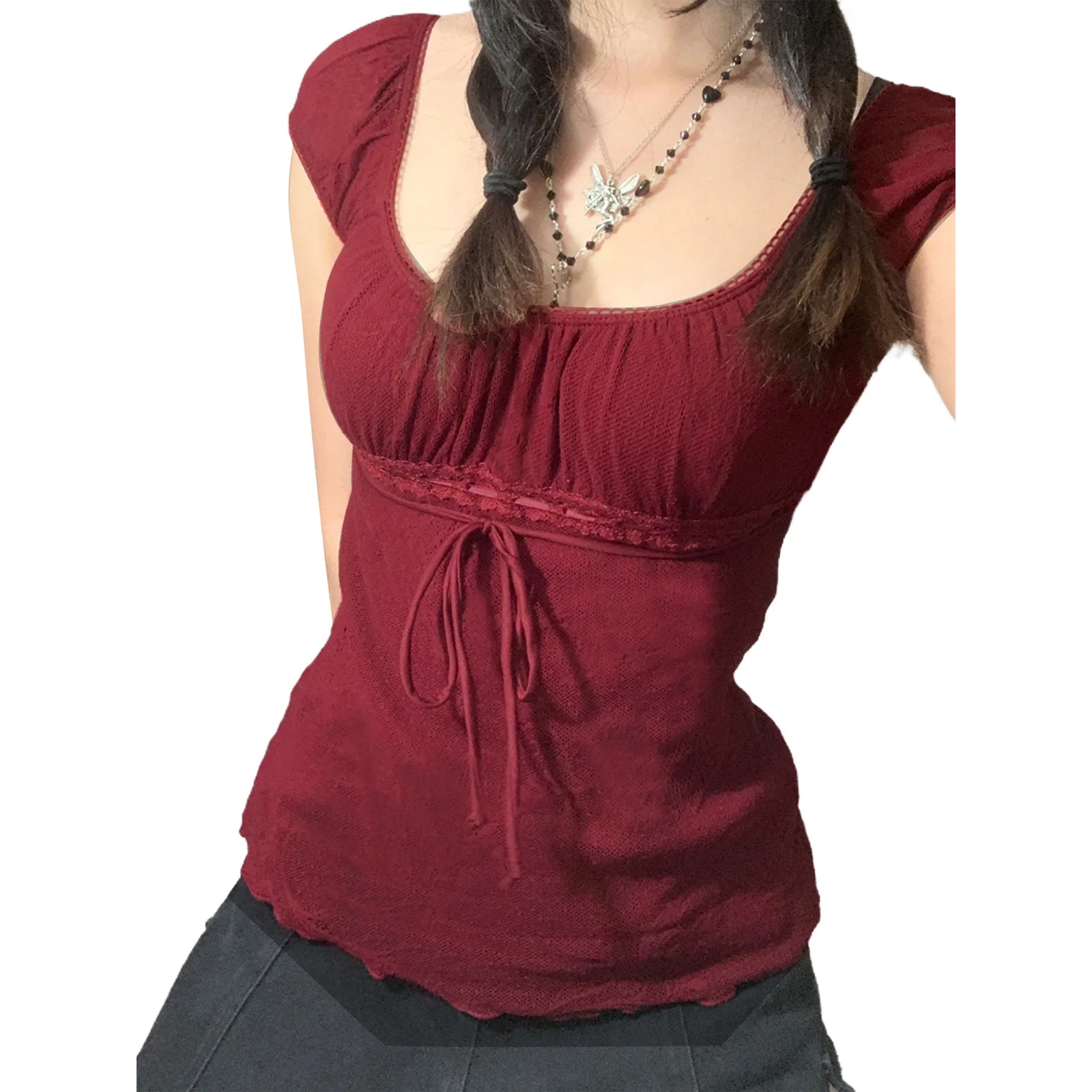 

Women´s Lace Flower Crochet Tops, Cap Sleeve Low Cut Drawstring T-shirt Female Off Shoulder Clothing