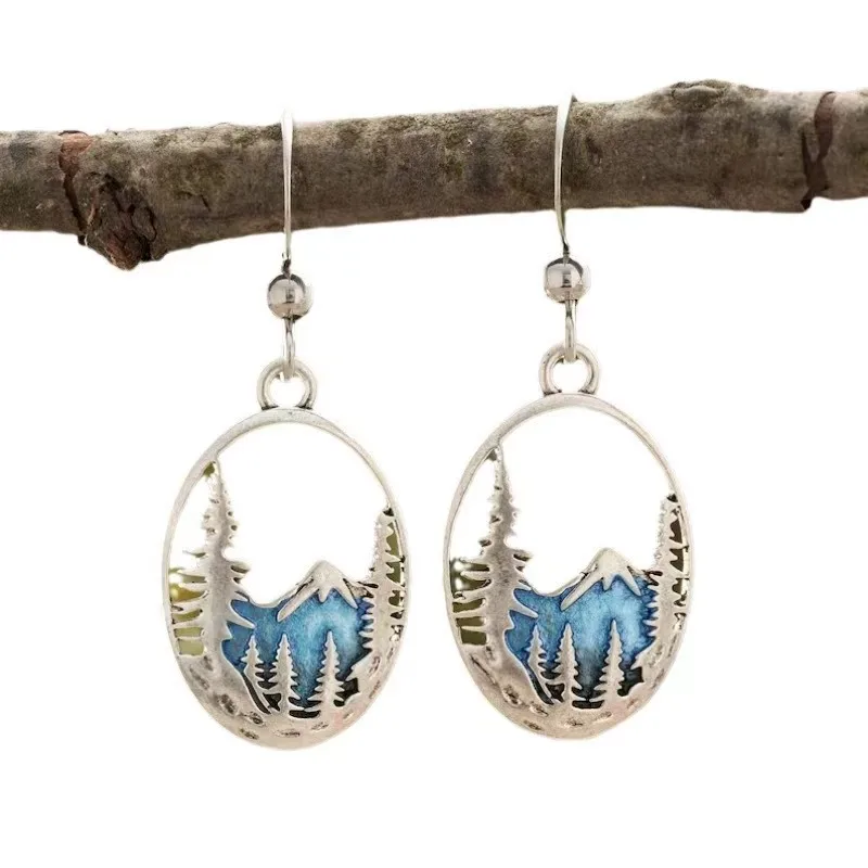 Creative Blue Glacier Forest River Pendant Drop Earring Vintage Alloy Mountain Women Jewelry Earring Gift