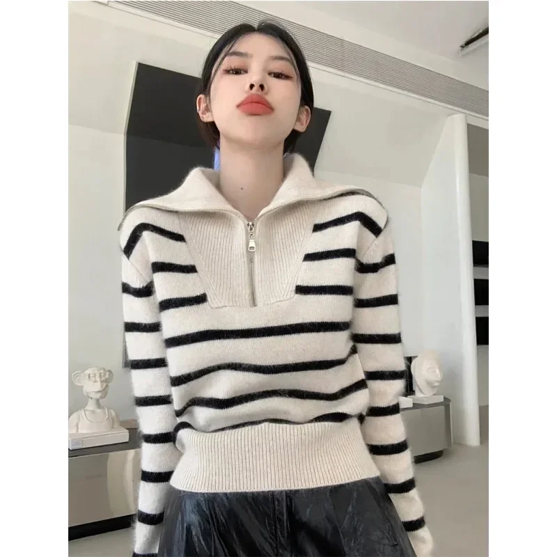 Sailor Collar Striped Sweater for Women Zip Front Long Sleeve Knitted Pullover Jumper Fall Winter Vintage Chic Outfit