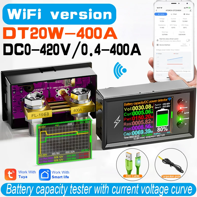 DC 0-420V Tuya WiFi Smart Lithiumbatterij Capaciteit Detectie Tester DC digitale Display Stroom Spanning Coulomb Power meter DT20W