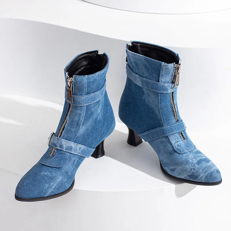 Chunky Heels Ankle Boots Women Pointed Toe Winter Shoes Women Belt Buckle Big Size Botas Casual Denim zapatos mujer WSH4726