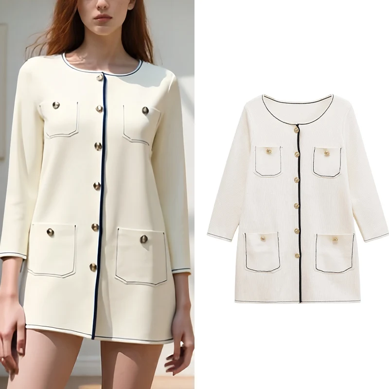 

2025 Spring And Summer New Women Knitted Contrast Edge Round Neck Cardigan Medium Length Single Row Gold Button Pocket Classic