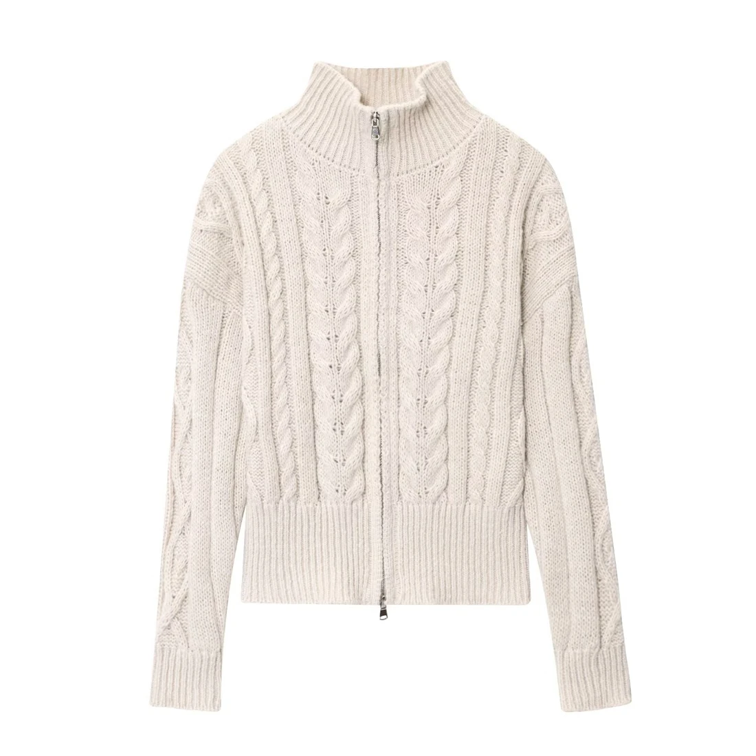 

Women's Relaxed-Fit Zipper Cardigan Knit Premium-Quality Stand Collar Cable-Knit New Style Casual Outerwear