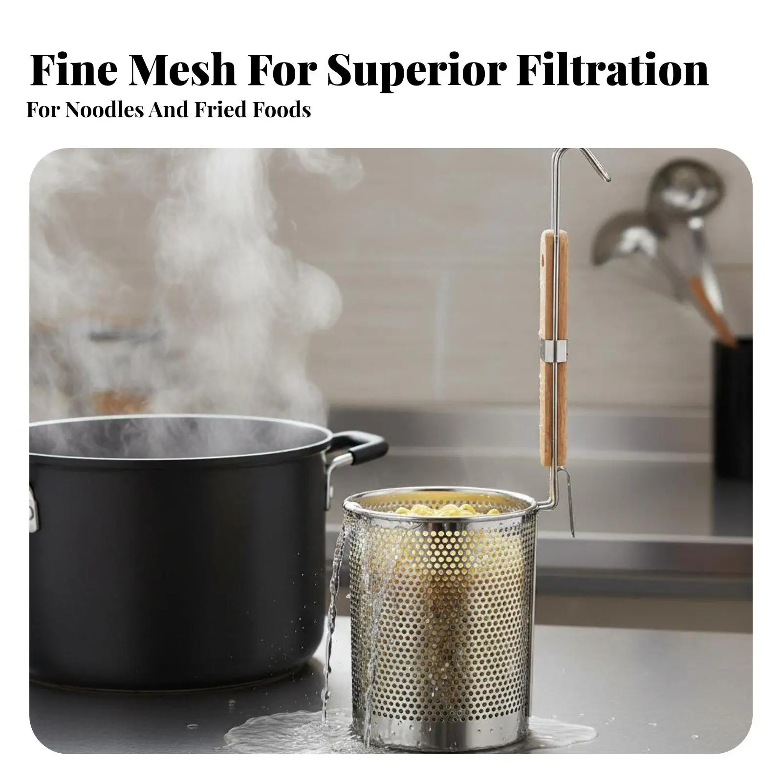 Heavy Duty Kitchen Strainer Spoon for Pasta Noodle Colander with Long Wood Handle Stainless Steel Food Basket