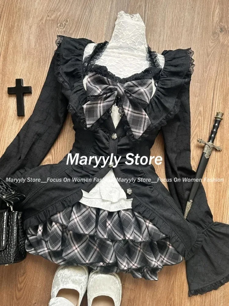 Y2k Gothic Sweet 3 Piece Set Autumn Casual Long Sleeve Cardigan + Slim Lace Bow Vest + Plaid Mini Cake Skirt Women Outfits New