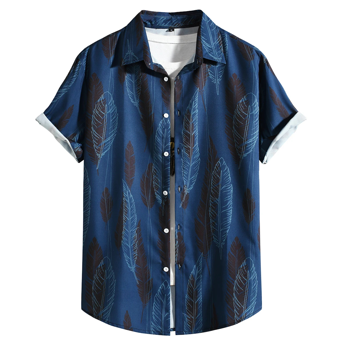 

Fashion Navy Feather Print Hawaiian Shirt Men 2023 Brand Slim Fit Short Sleeve Beach Shirts Men Casual Quick Dry Holiday Shirt