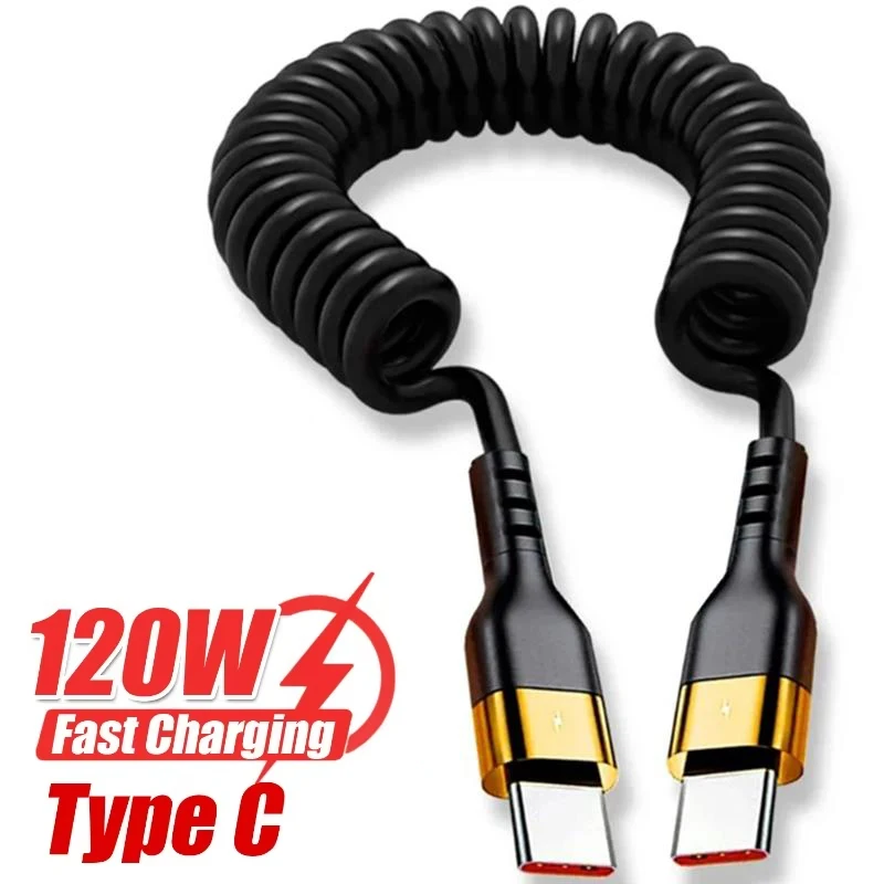 USB Type C PD 120W Car 5A Fast Charging Type C to Type C Spring Telescopic Cable For iPhone 15 Serie Samsung Huawei Xiaomi Redmi