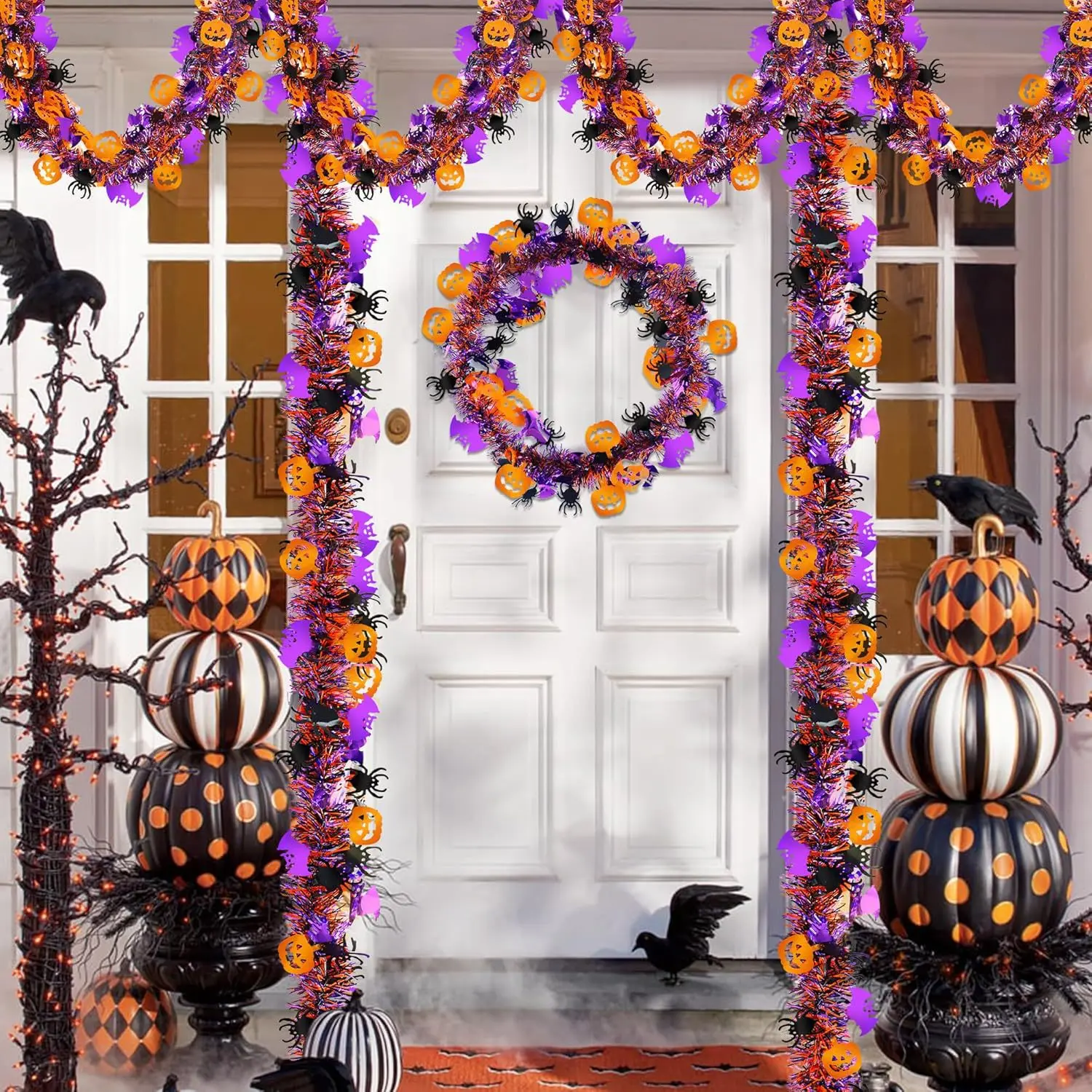 

2m Halloween Decoration Wreath Pendant Pumpkins Black Spiders Purple Bats Shiny Metallic Twist Garland for Haunted House Decor